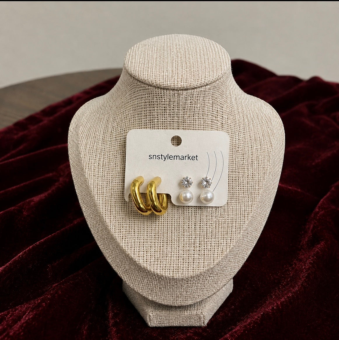 Chunky Gold Hoop, Pearl & Crystal Stud Set