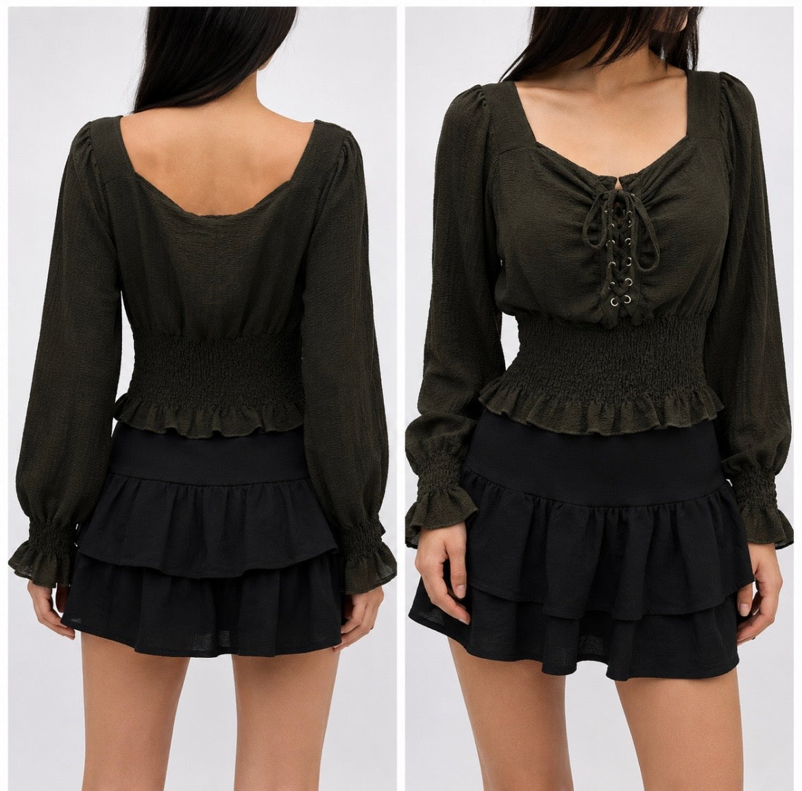 Black Lace-Up Long Sleeve Blouse