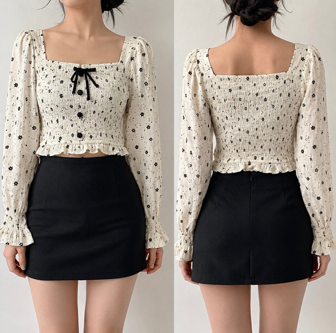 Floral Square Neck Puff Sleeve Crop Top