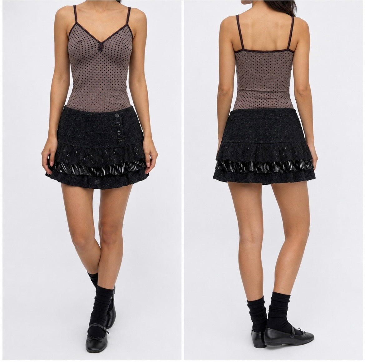 Glam Tweed Ruffled Mini Skirt Shorts in Black